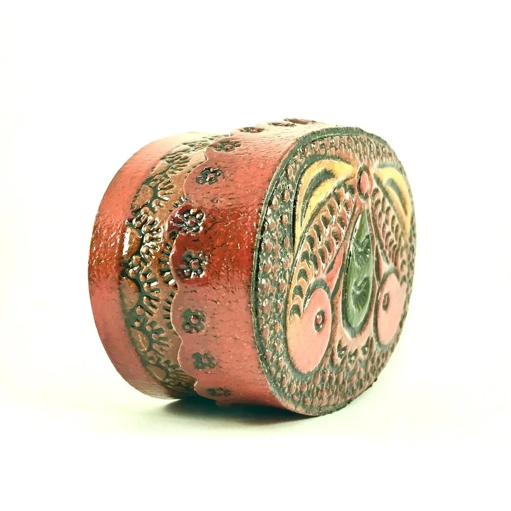 hand tooled leather trinket box butterfly moth folk art keepsake jewelry oval